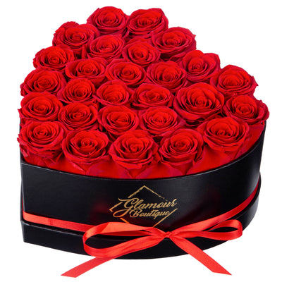 27-Piece Forever Flowers Heart Shape Box - Handmade Real Preserved Roses - Red
