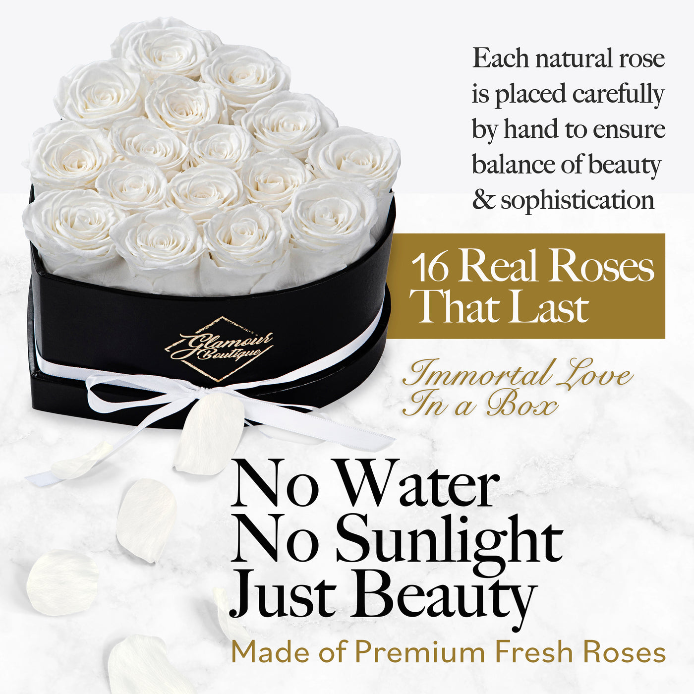 16-Piece Forever Flowers Heart Shape Box - Real Preserved Roses Handmade - White