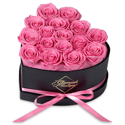 16-Piece Forever Flowers Heart Shape Box - Real Preserved Roses Handmade - Pink