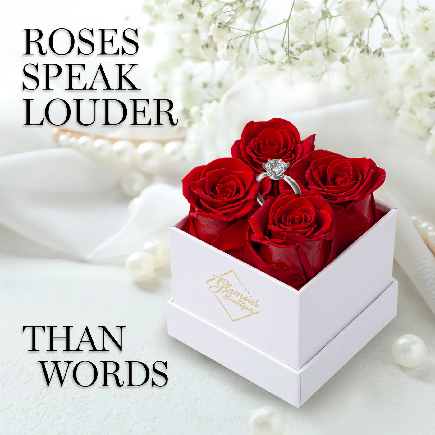 Preserved Roses in a Box - 4 Roses Flowers Decor  Cased in A Square Gift Box with Lid - Pink