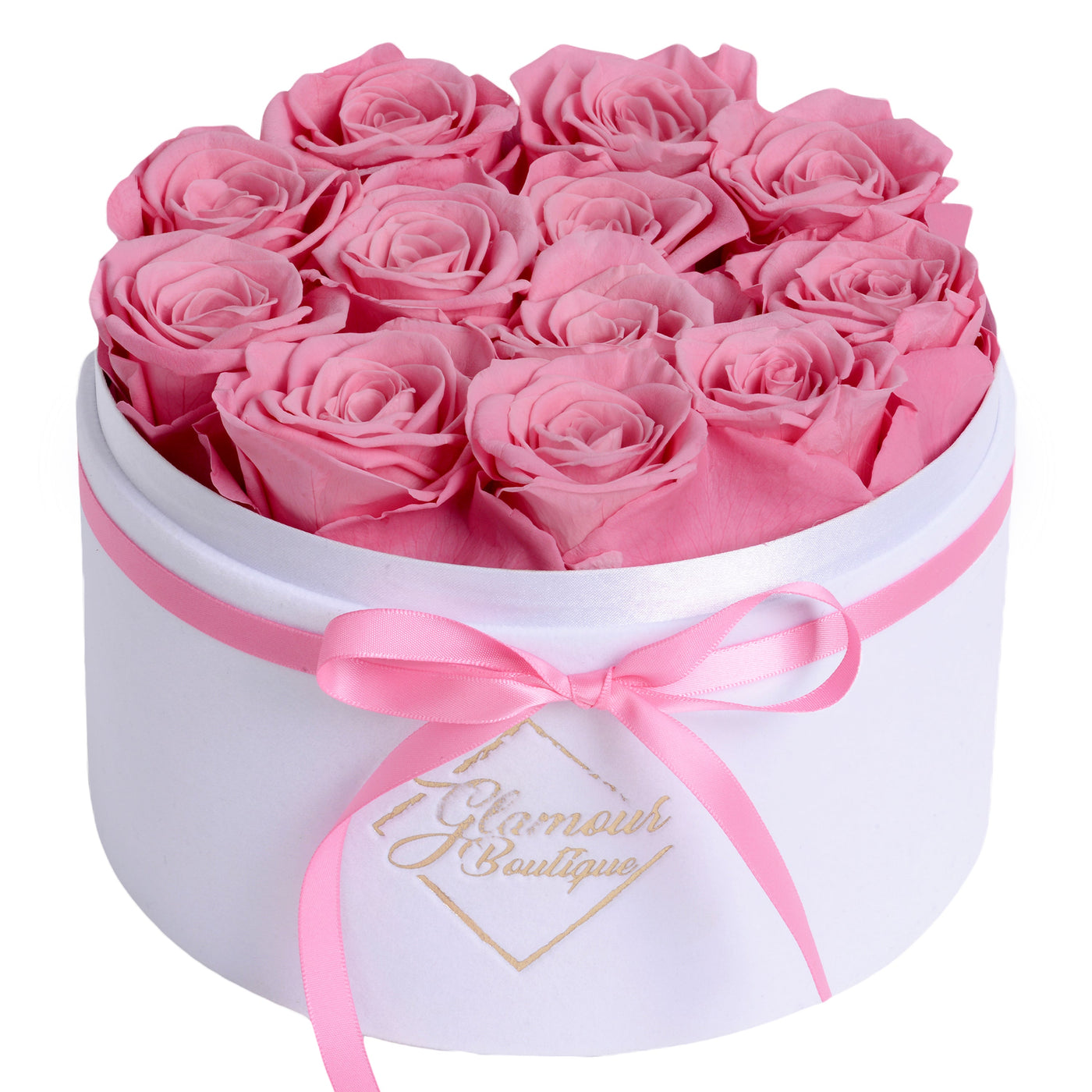 12 Preserved Real Roses in Round Velvet White Box - Pink