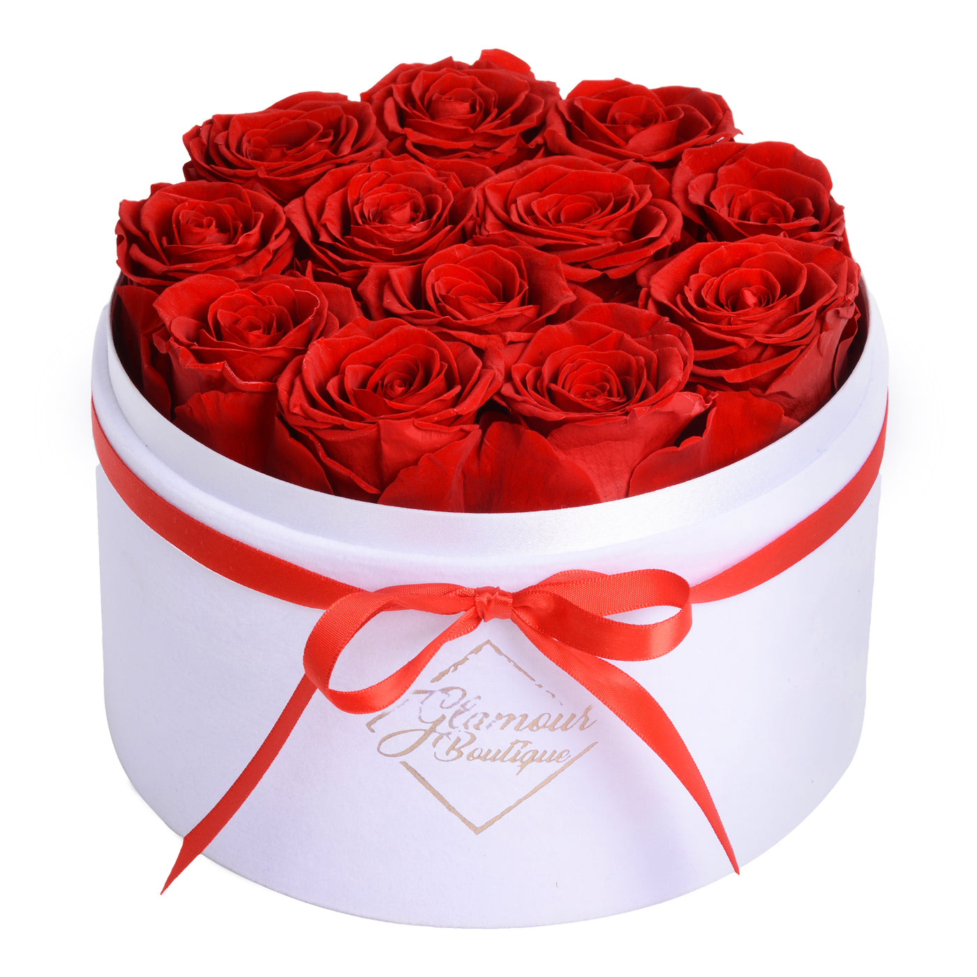 12 Preserved Real Roses in Round Velvet White Box