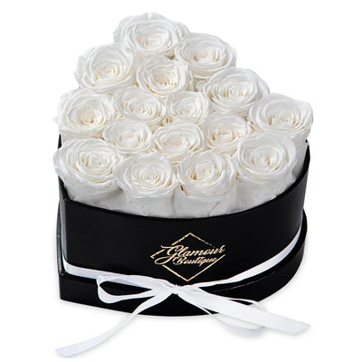 16-Piece Forever Flowers Heart Shape Box - Real Preserved Roses Handmade - White