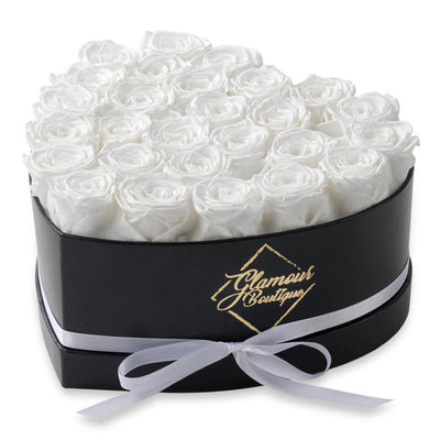 27-Piece Forever Flowers Heart Shape Box - Handmade Real Preserved Roses - White