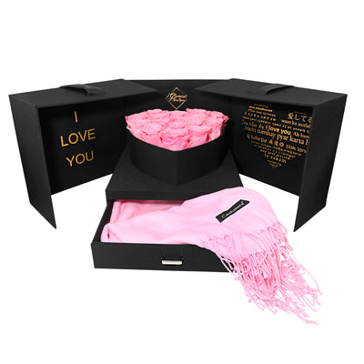 Black Open Heart Love Box with 16 Preserved Roses  - Pink Roses with Matching Scarf