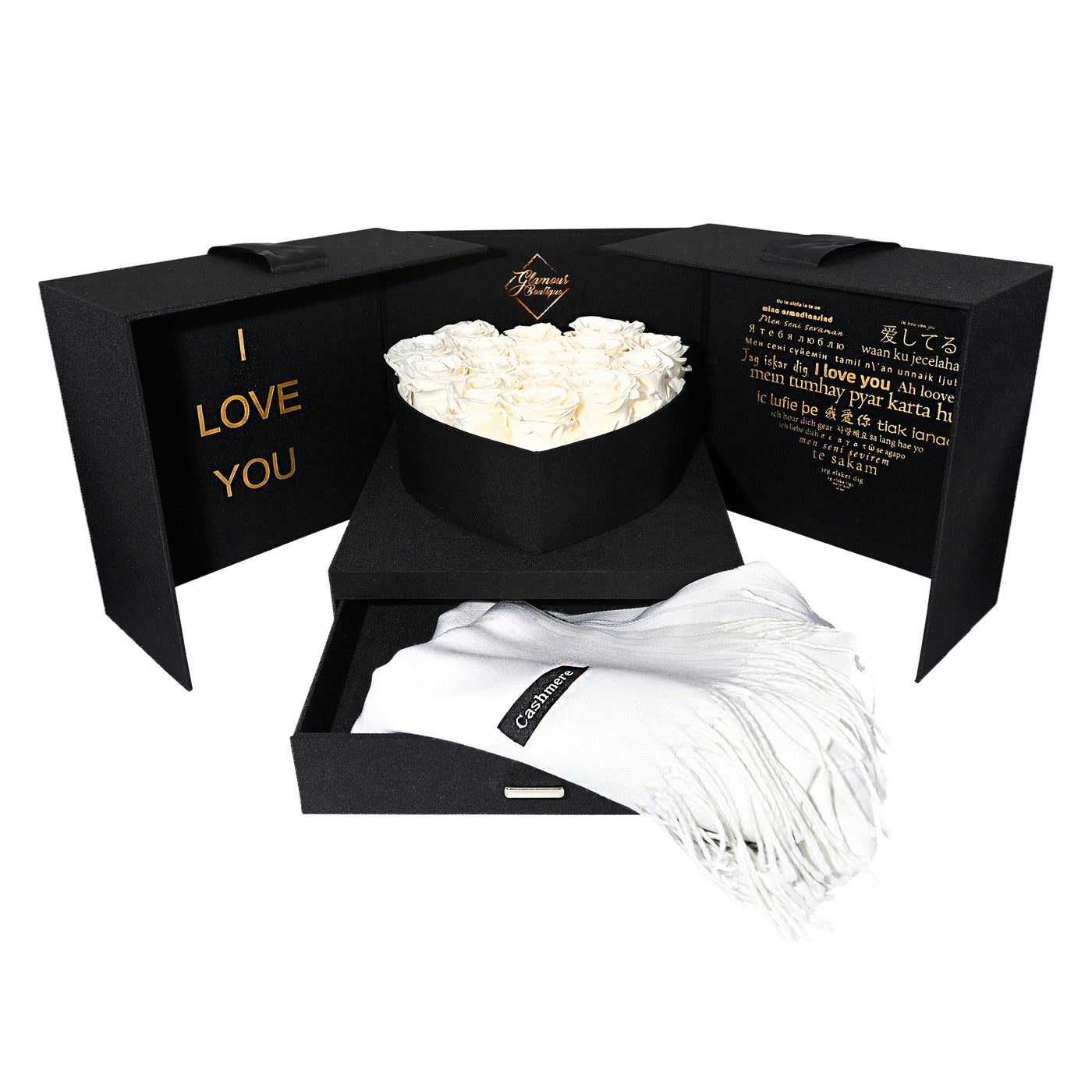 Black Open Heart Love Box with 16 Preserved Roses  - White Roses with Matching Scarf