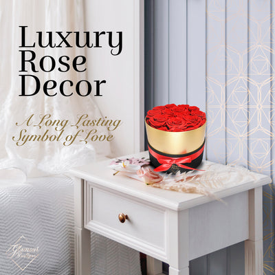 Lasting Beauty Round Black Gold Box |12 Red Roses