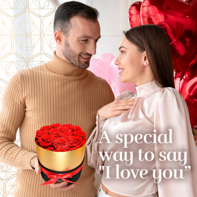 12 Preserved Real Roses in Round Black & Gold Box - Red
