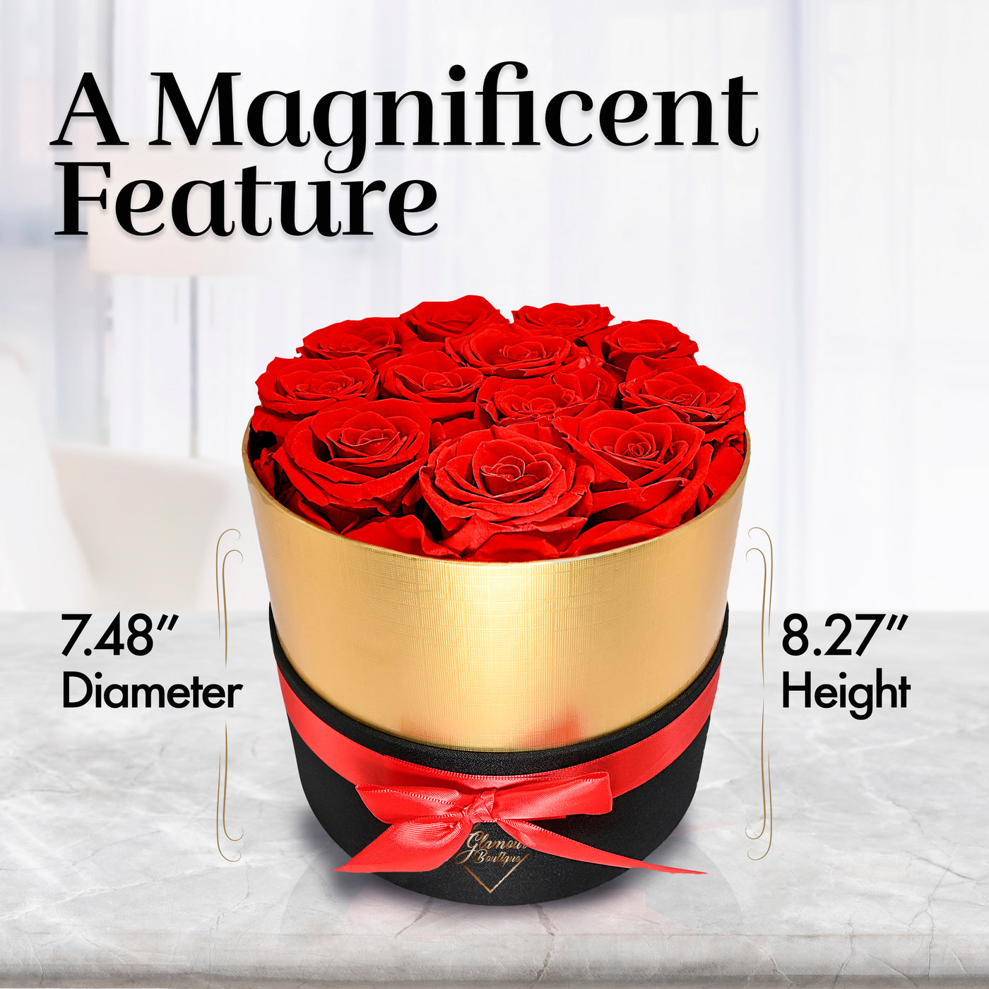 Lasting Beauty Round Black Gold Box |12 Red Roses