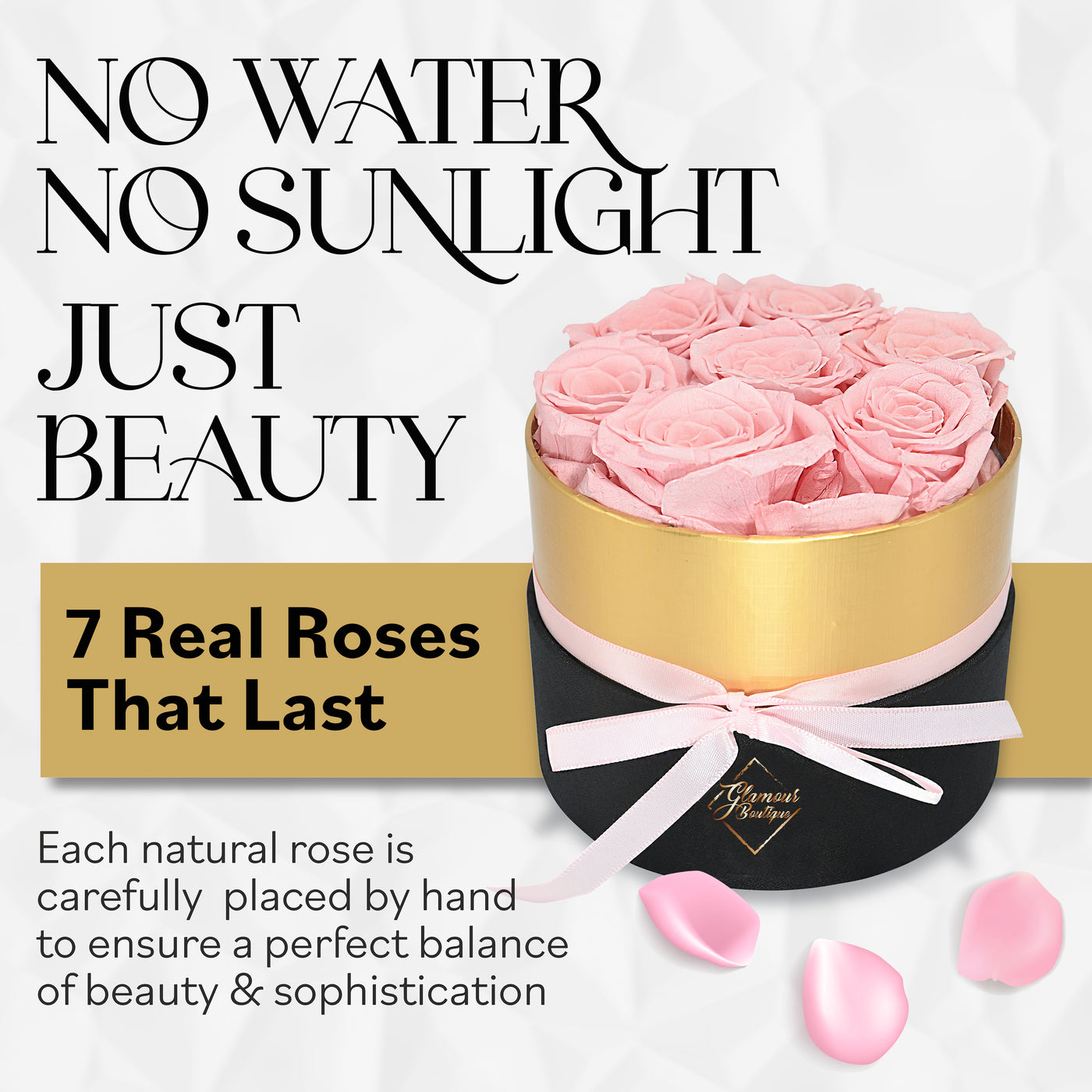 Lasting Beauty Round Black Gold Box |7 Pink Roses