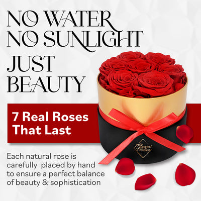 Lasting Beauty Round Black Gold Box |7 Red Roses