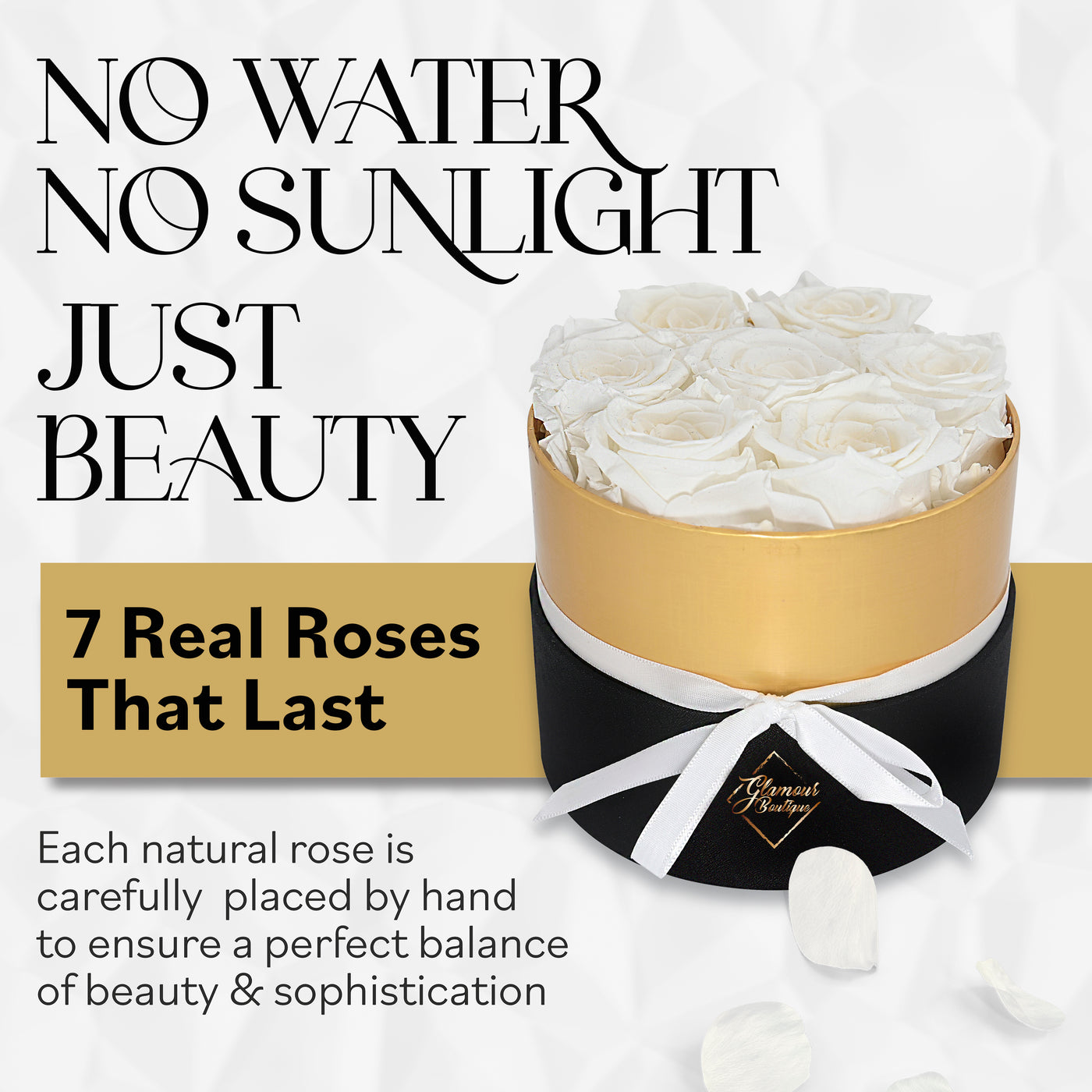 Lasting Beauty Round Black Gold Box | 7 White Roses