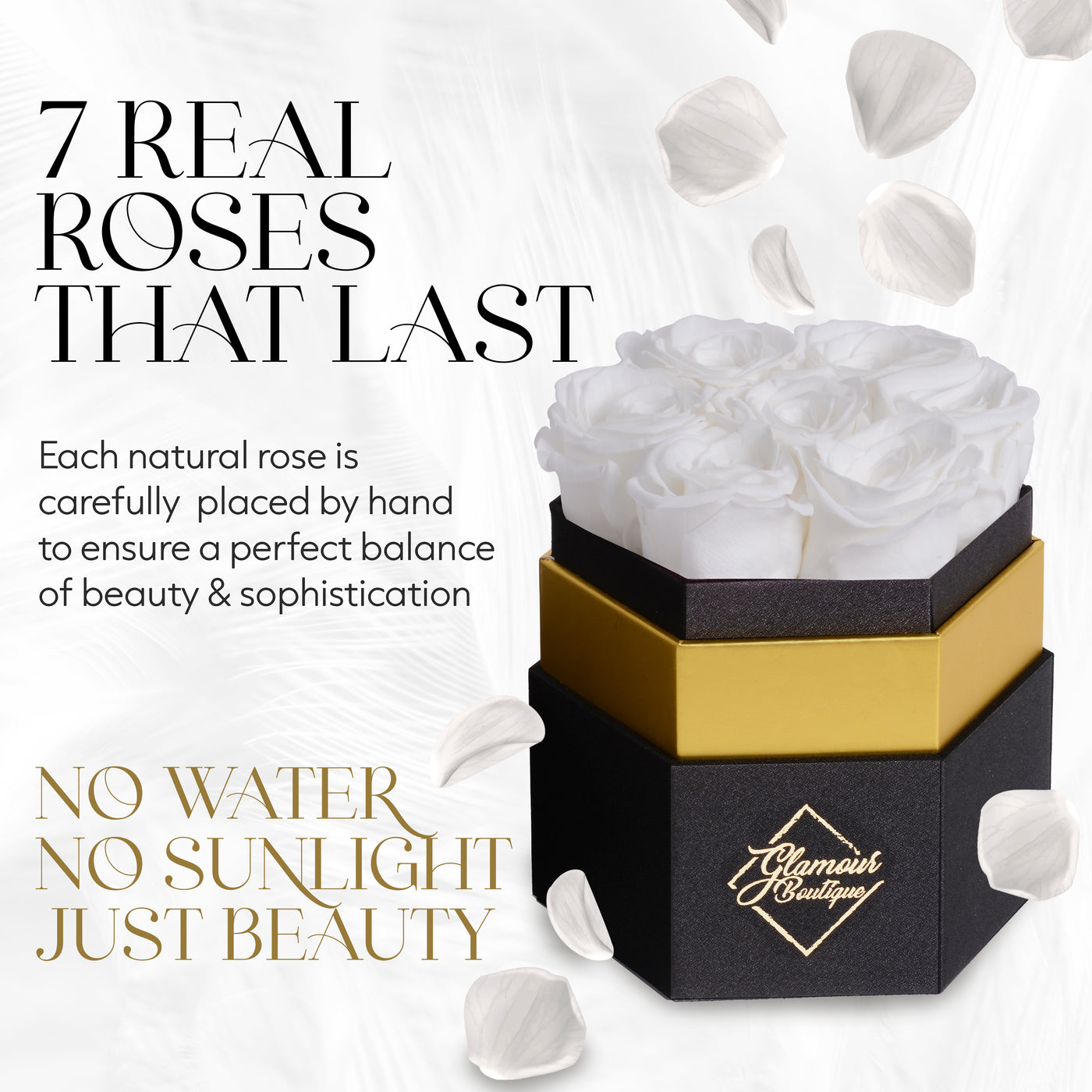 7-Piece Forever White Rose Box - Preserved Roses in a Hexagon Box