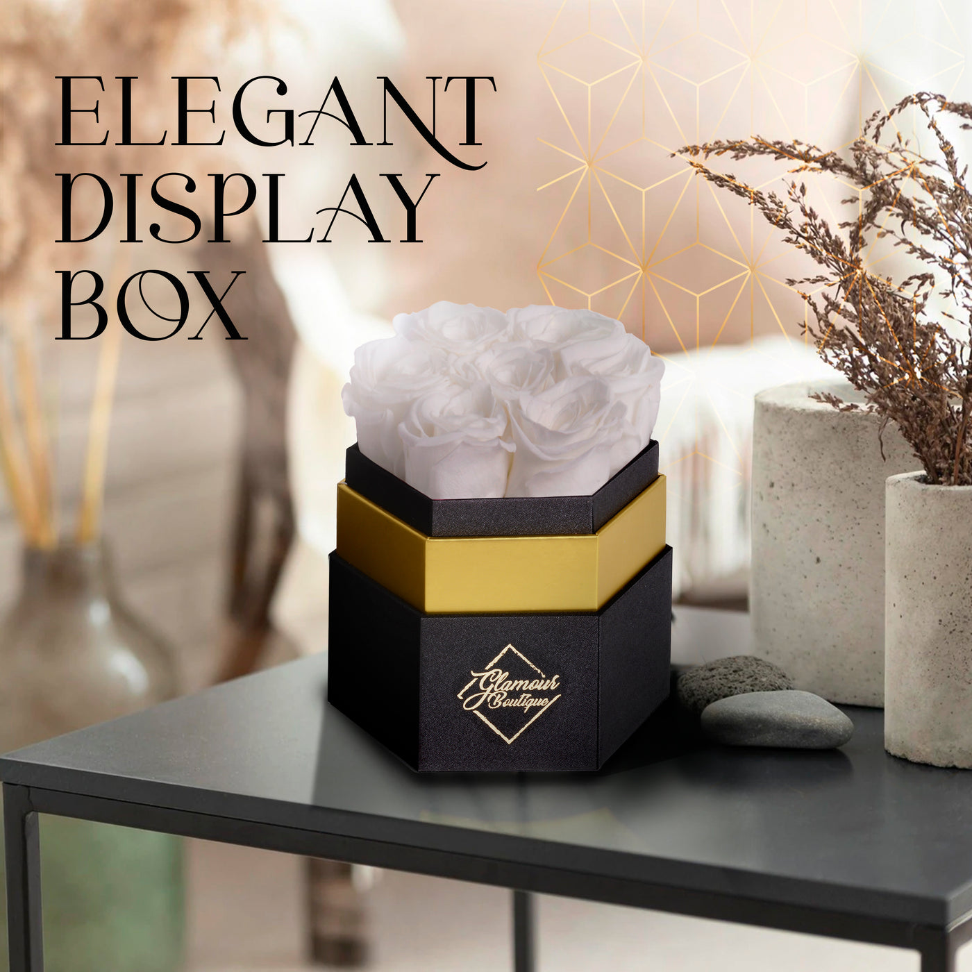 Timeless Charm  Hexagon Box | 7 White Roses