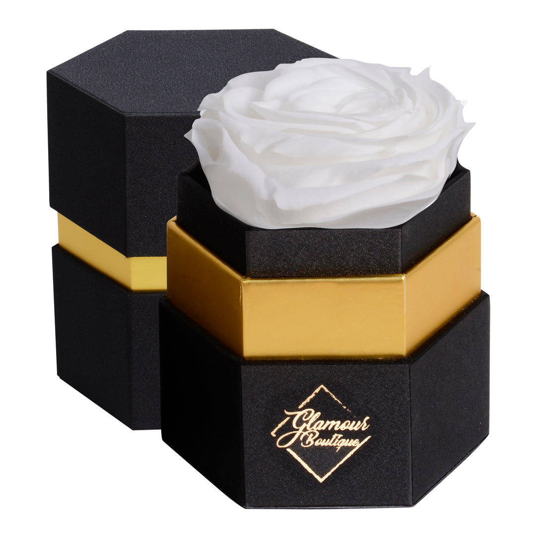Timeless Charm hexagon box with a single white immortal preserved rose - Glamour Boutique