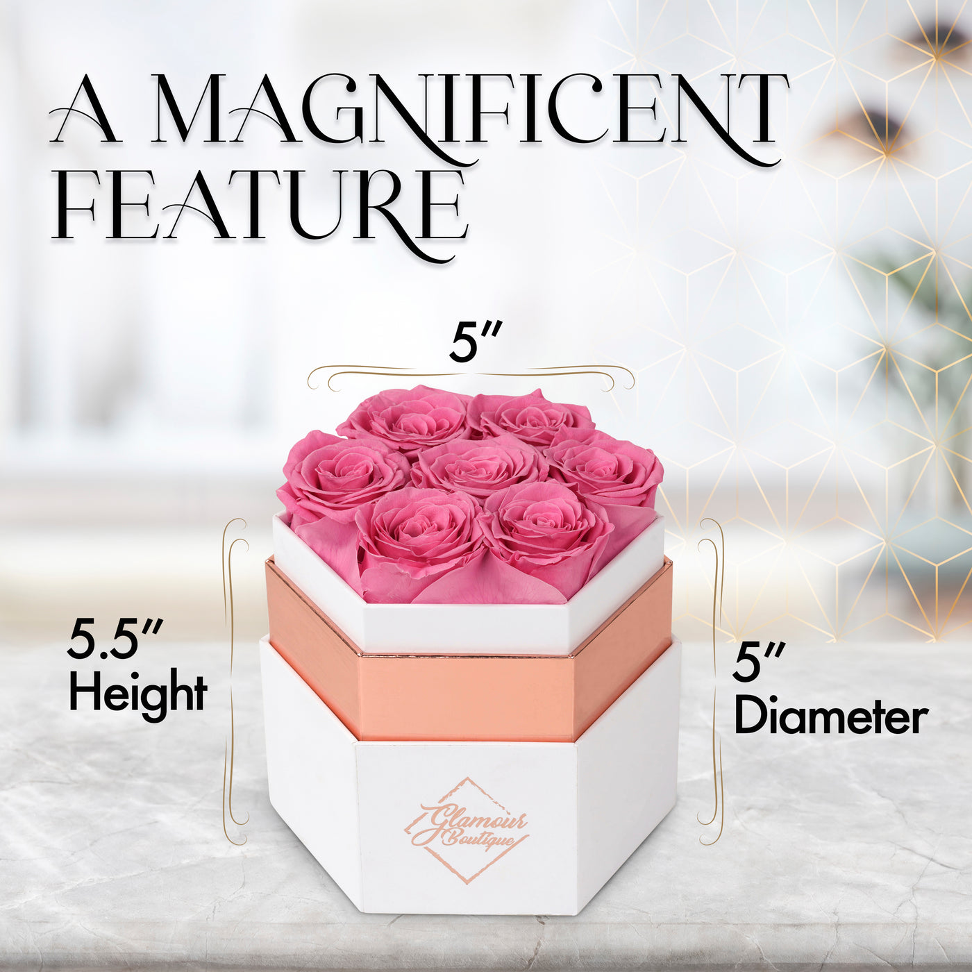 Timeless Charm  Hexagon White Box | 7 Pink Roses