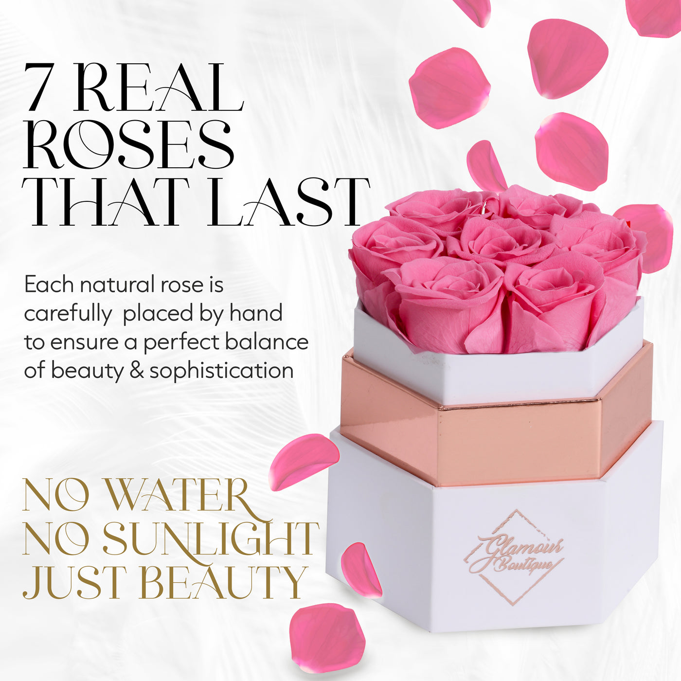 Timeless Charm  Hexagon White Box | 7 Pink Roses