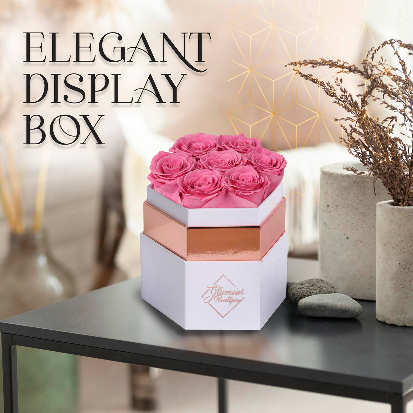Timeless Charm  Hexagon White Box | 7 Pink Roses
