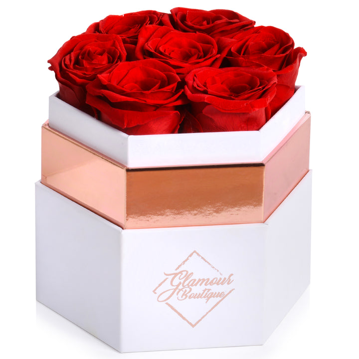 Timeless Charm hexagon white box with 7 red preserved roses - Glamour Boutique