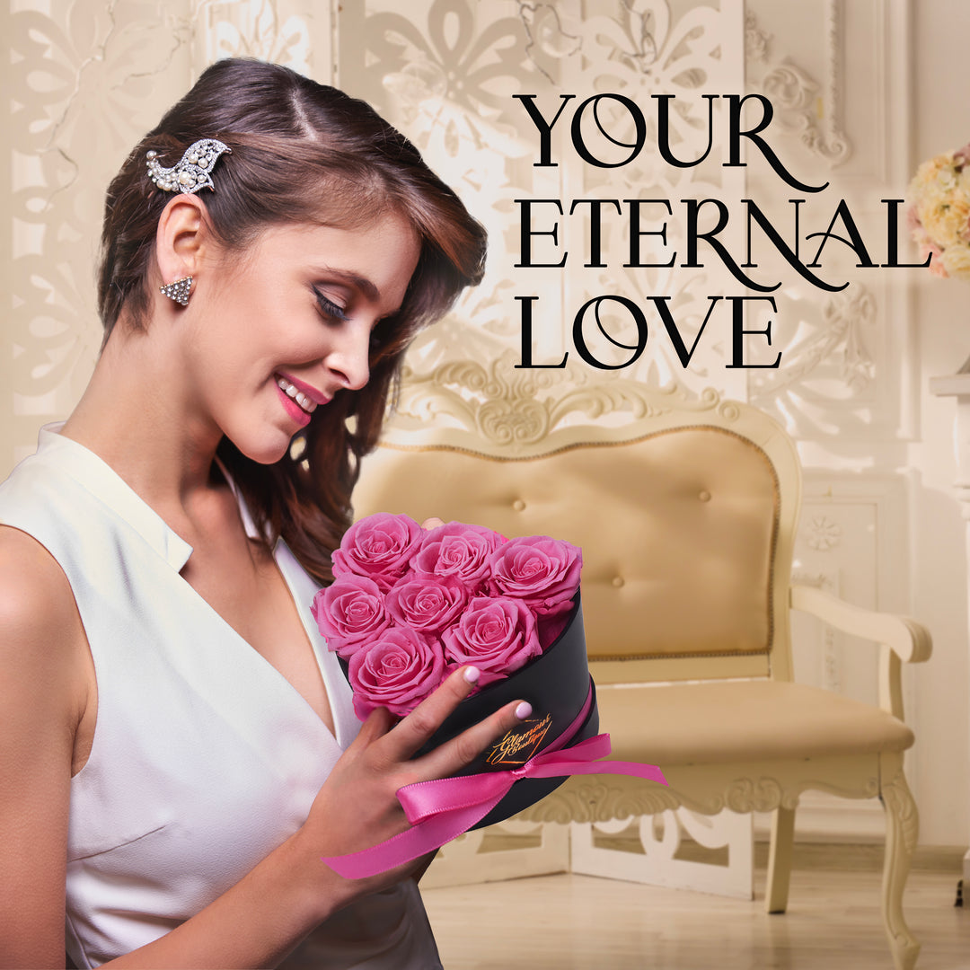 Immortal Love Black Heart | 7 Pink Roses