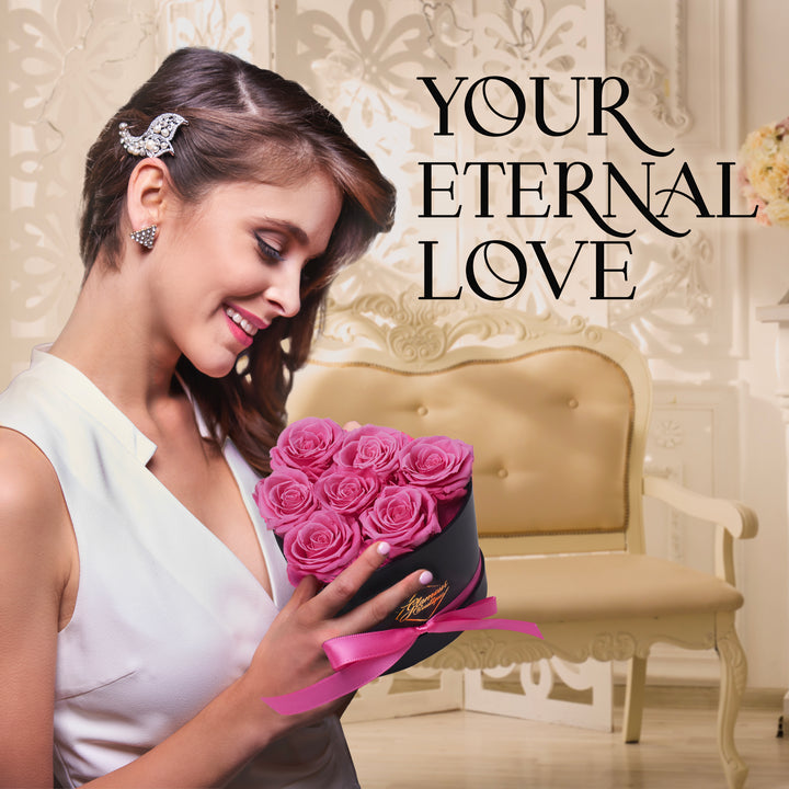 Immortal Love Black Heart | 7 Pink Roses