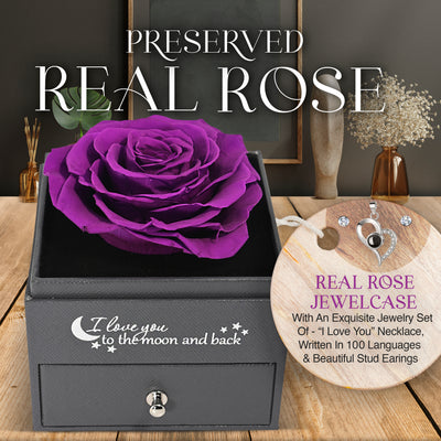 Preserved Rose in a Box with I Love You Necklace in 100 Languages - Enchanted Flower Jewelry Set with Silver Stud Earrings - Purple