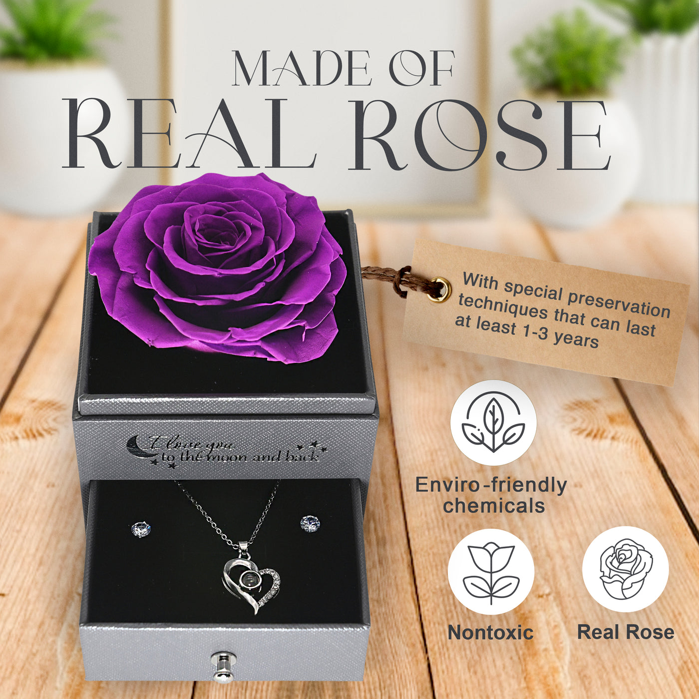 Preserved Rose in a Box with I Love You Necklace in 100 Languages - Enchanted Flower Jewelry Set with Silver Stud Earrings - Purple