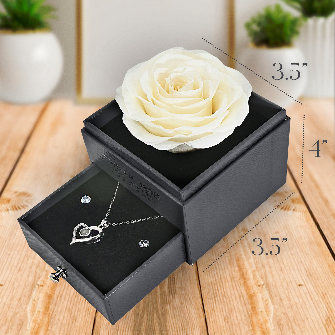 GLAMOUR BOUTIQUE Preserved Rose in a Box with I Love You Necklace in 100 Languages - Enchanted Flower Jewelry Set with Silver Stud Earrings - White