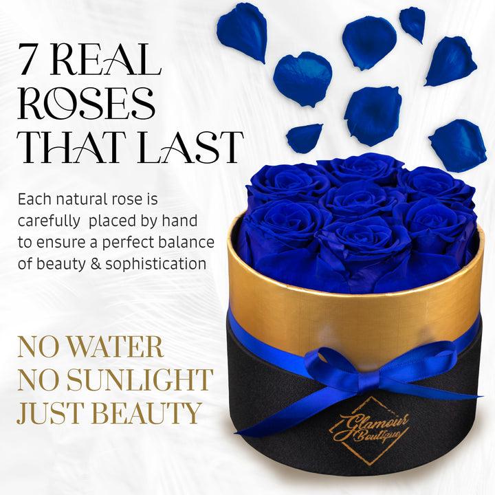 Lasting Beauty Round Black Gold Box | 7 Blue Roses