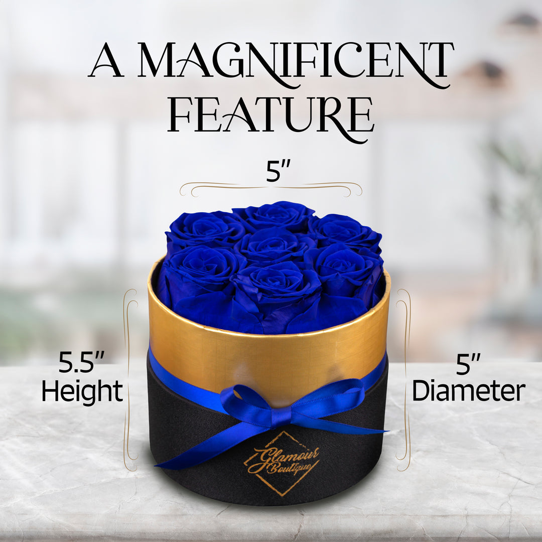 Lasting Beauty Round Black Gold Box | 7 Blue Roses