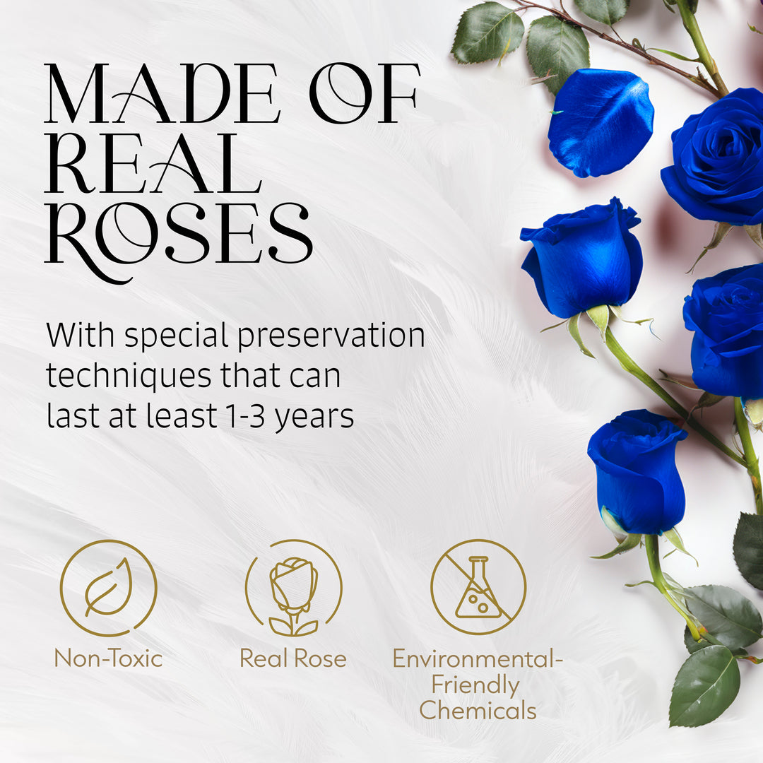 Lasting Beauty Round Black Gold Box | 7 Blue Roses