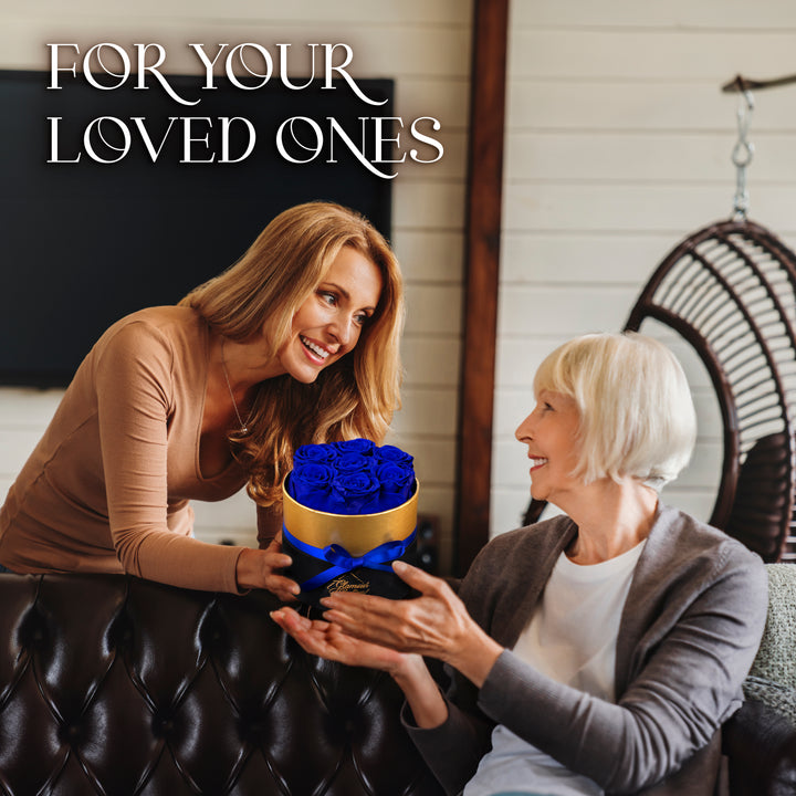Lasting Beauty Round Black Gold Box | 7 Blue Roses