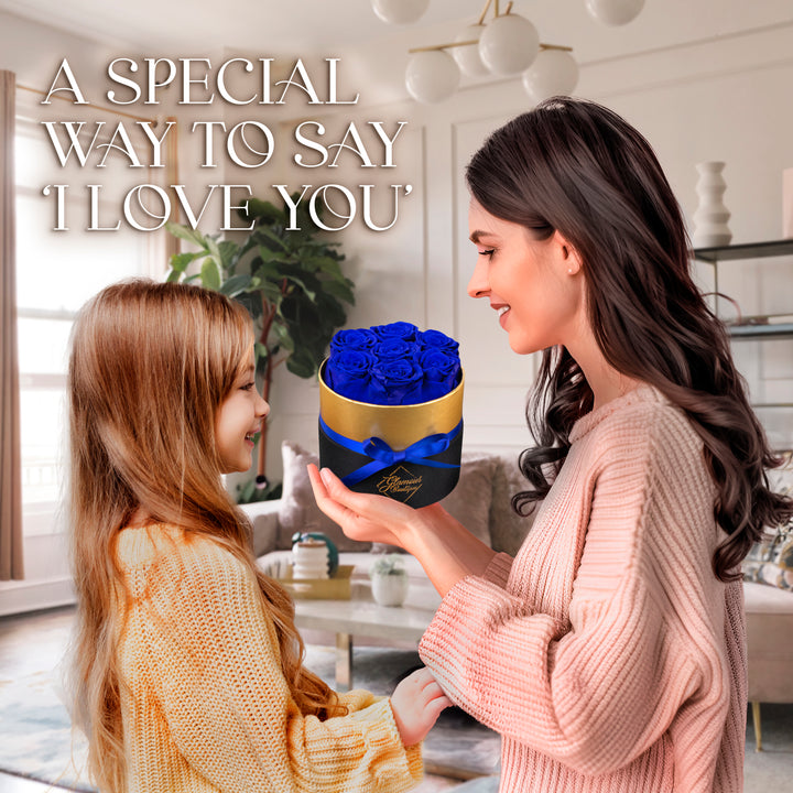 Lasting Beauty Round Black Gold Box | 7 Blue Roses