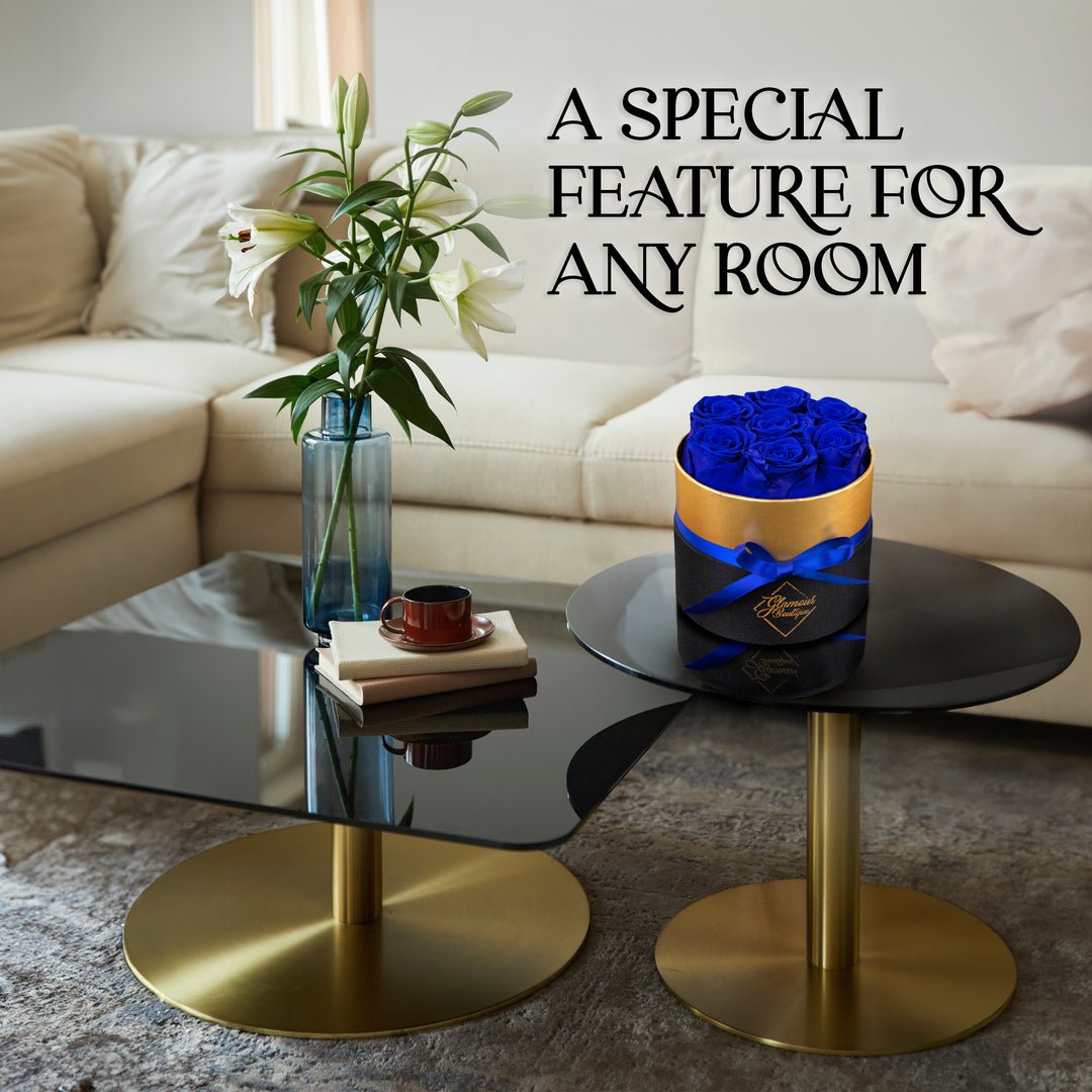 Lasting Beauty Round Black Gold Box | 7 Blue Roses