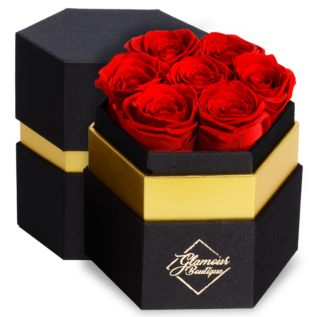 Timeless Charm hexagon black box with 7 red preserved roses - Glamour Boutique