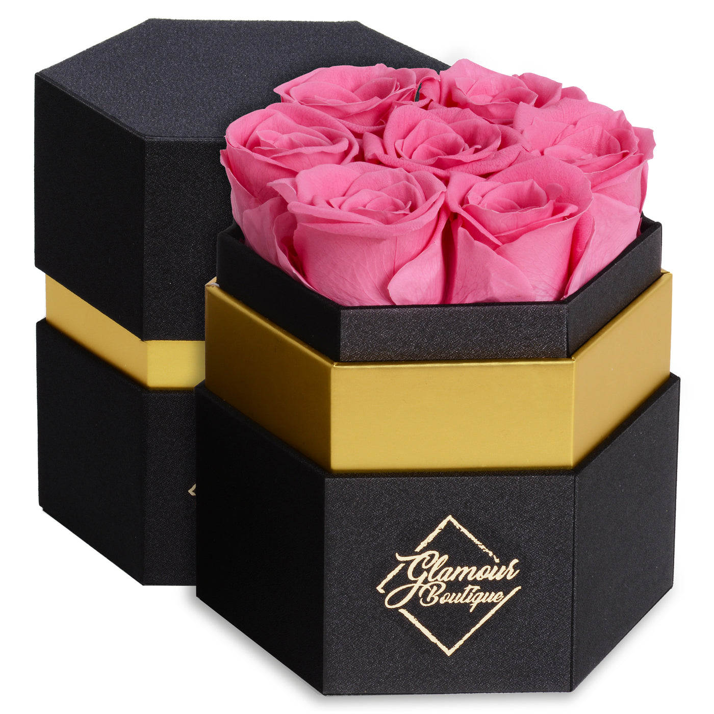 Timeless Charm  Hexagon Black Box | 7 Pink Roses