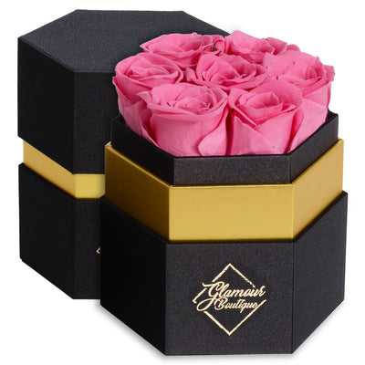 Timeless Charm  Hexagon Black Box | 7 Pink Roses