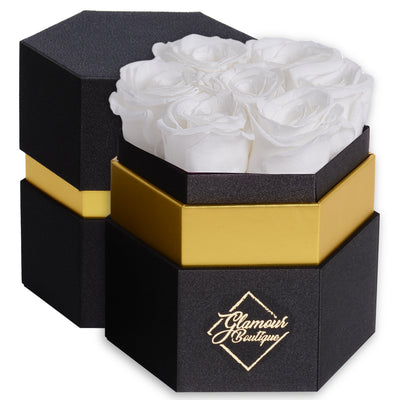 7-Piece Forever White Rose Box - Preserved Roses in a Hexagon Box