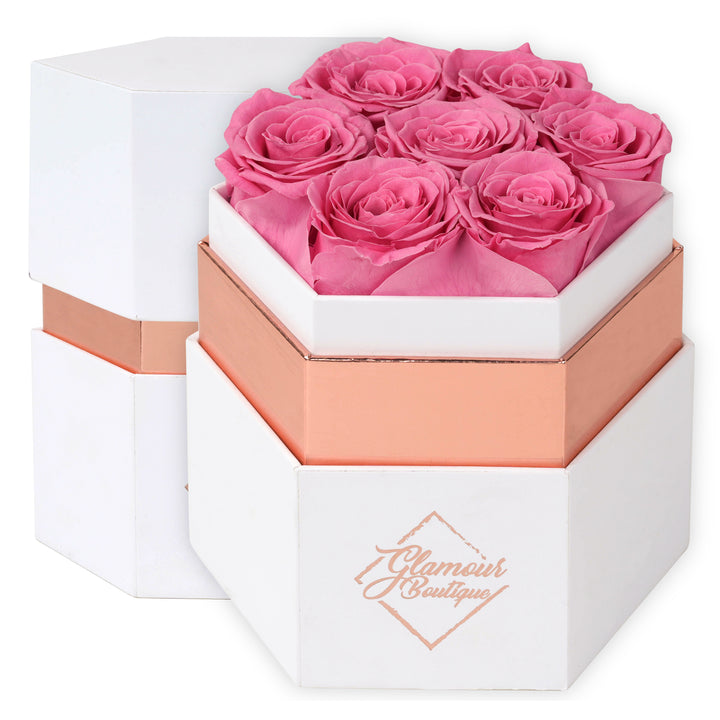 Timeless Charm hexagon white box with 7 pink preserved roses - Glamour Boutique