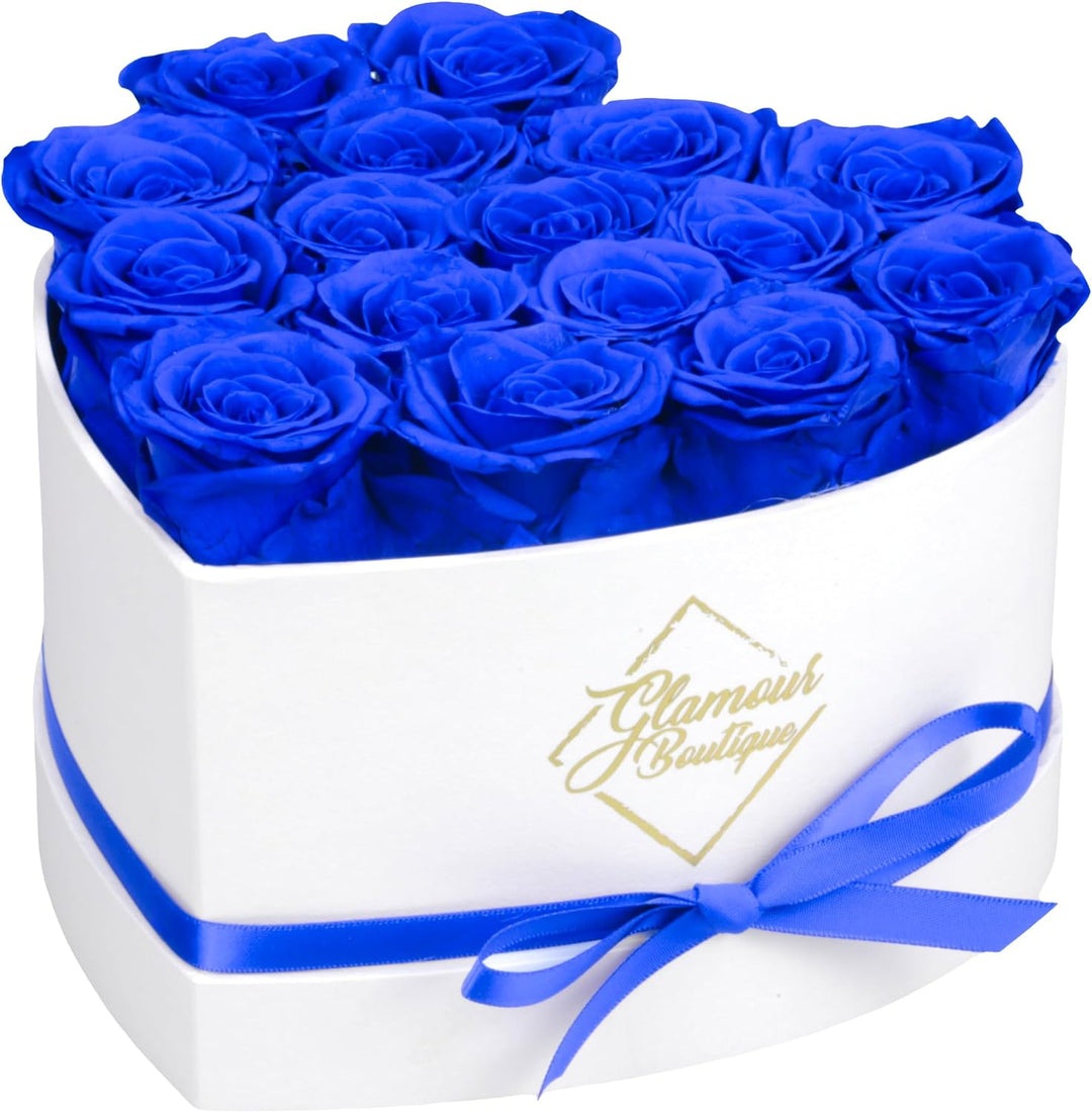 Immortal Love White Heart Box with 16 blue preserved roses - luxury gift by Glamour Boutique