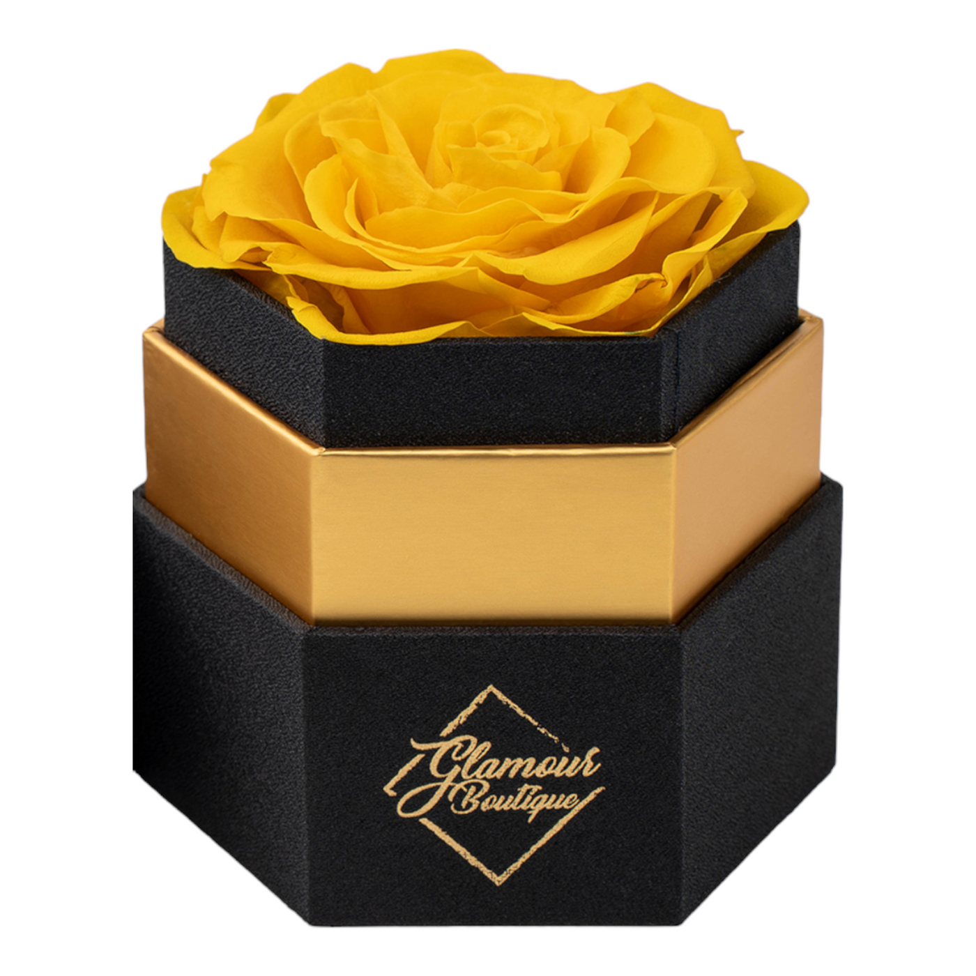 Timeless Charm  Hexagon Black Box | Yellow Immortal Rose