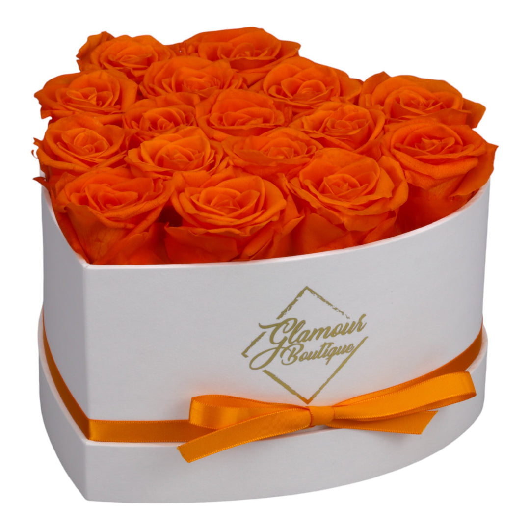 Immortal Love White Heart Box with 16 orange preserved roses - luxury gift by Glamour Boutique