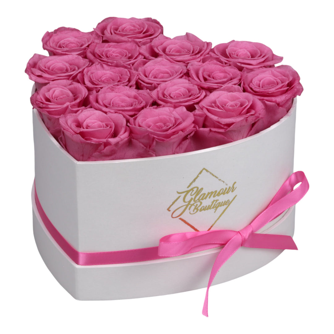 Immortal Love White Heart Box with 16 pink preserved roses - luxury gift by Glamour Boutique