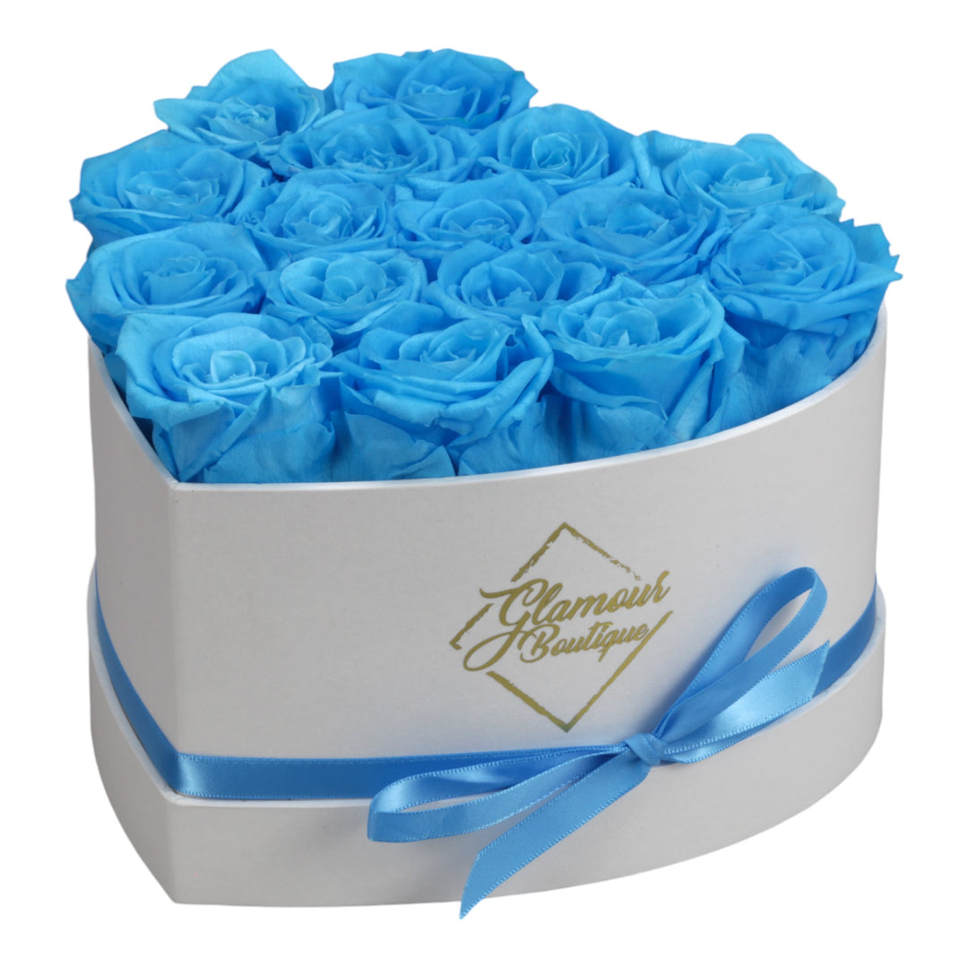 Immortal Love White Heart Box with 16 Tiffany preserved roses - luxury gift by Glamour Boutique