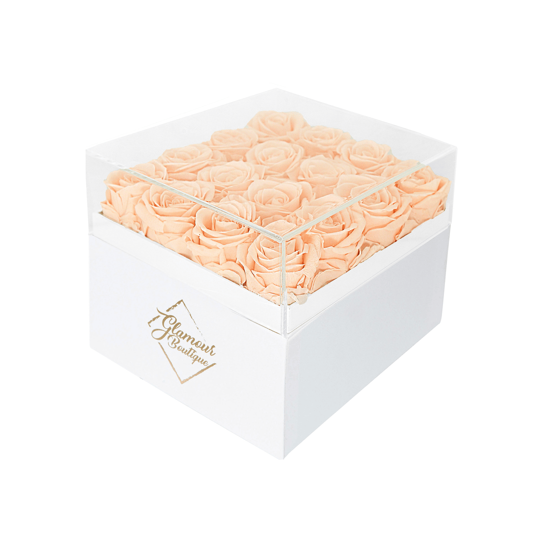 Eternal Elegance square white box with 16 peach preserved roses - luxury gift by Glamour Boutique