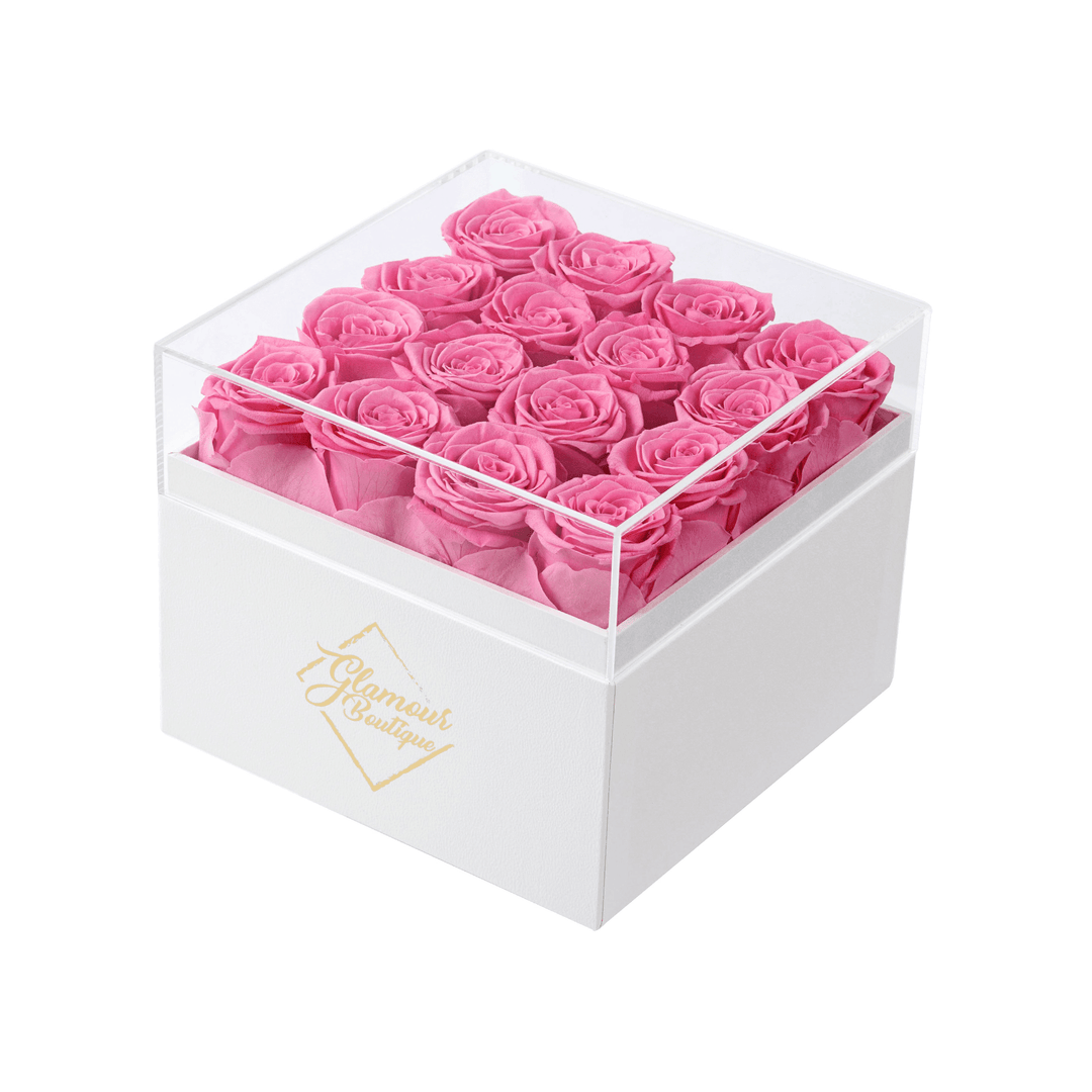 Eternal Elegance square white box with 16 pink preserved roses - luxury gift by Glamour Boutique