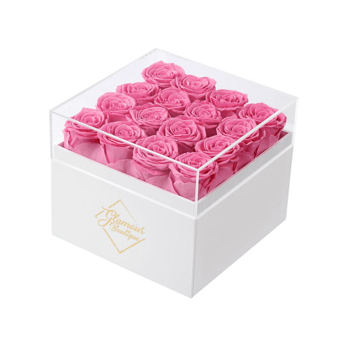 Eternal Elegance square white box with 16 pink preserved roses - luxury gift by Glamour Boutique