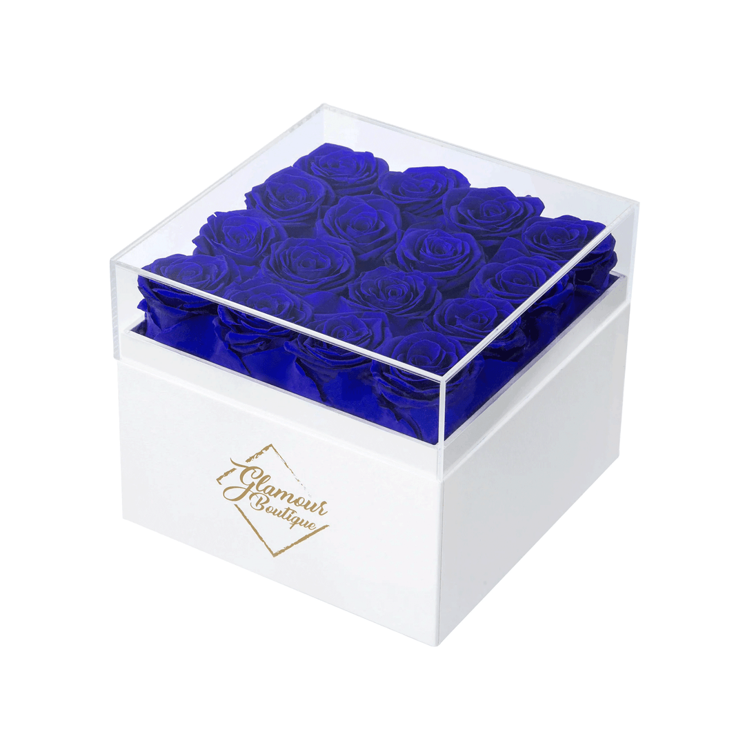 Eternal Elegance square white box with 16 sapphire preserved roses - luxury gift by Glamour Boutique