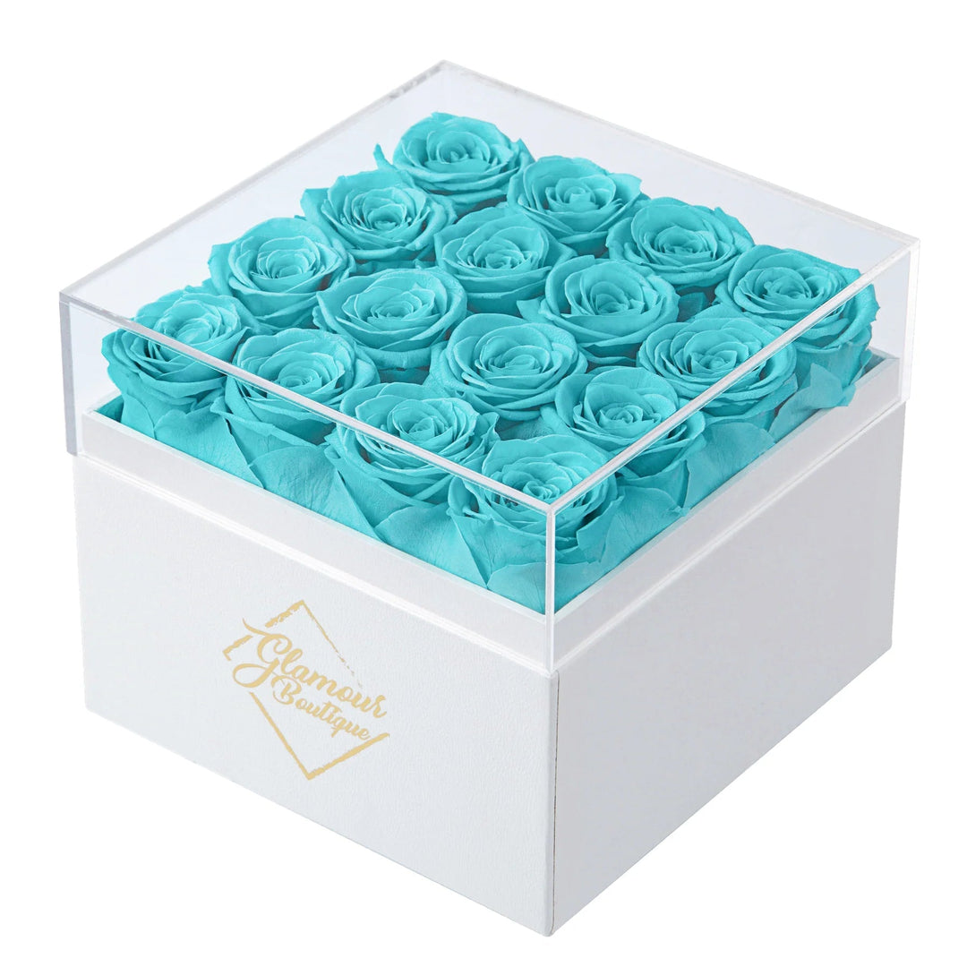 Eternal Elegance square white box with 16 Tiffany preserved roses - luxury gift by Glamour Boutique