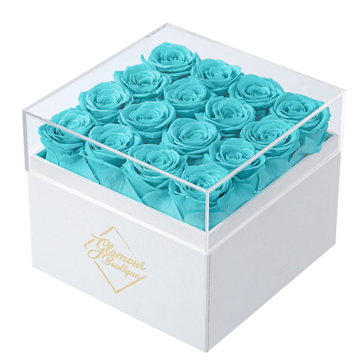 Eternal Elegance square white box with 16 Tiffany preserved roses - luxury gift by Glamour Boutique